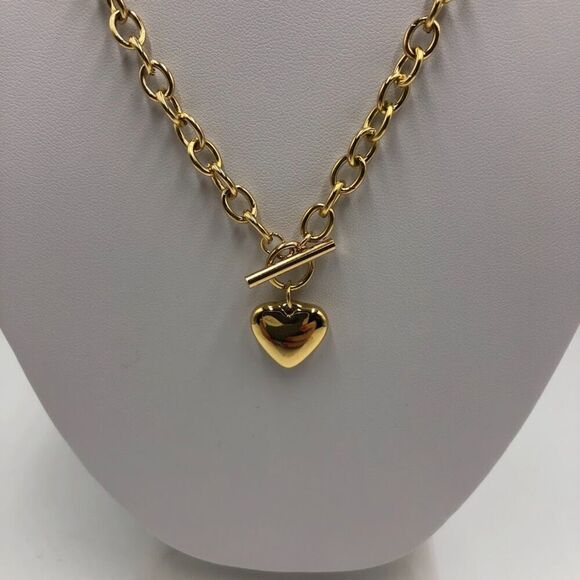 18K Gold Plated Stainless Steel "Heart" Necklace Chunky Women's Jewelry - Picture 5 of 8